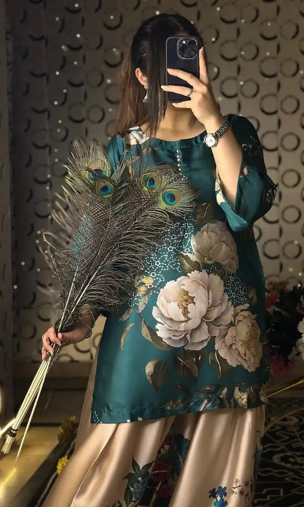 2 Pcs Women's Stitched Silk Printed Shirt And shalwar