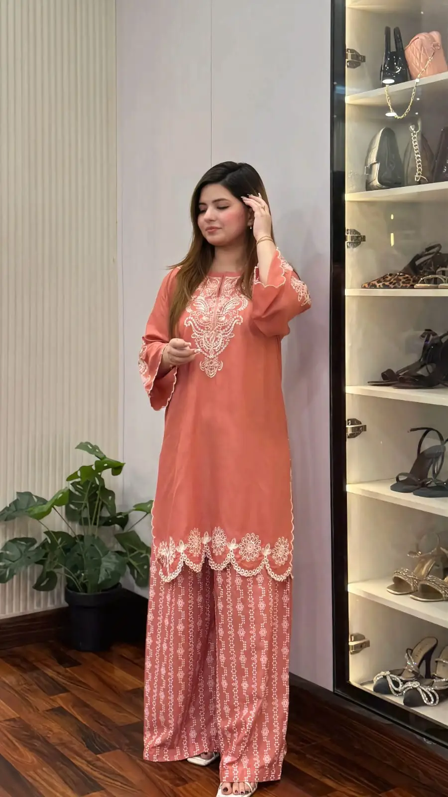 2 Pcs Women's Stitched Linen Embroidered Shirt And Trouser