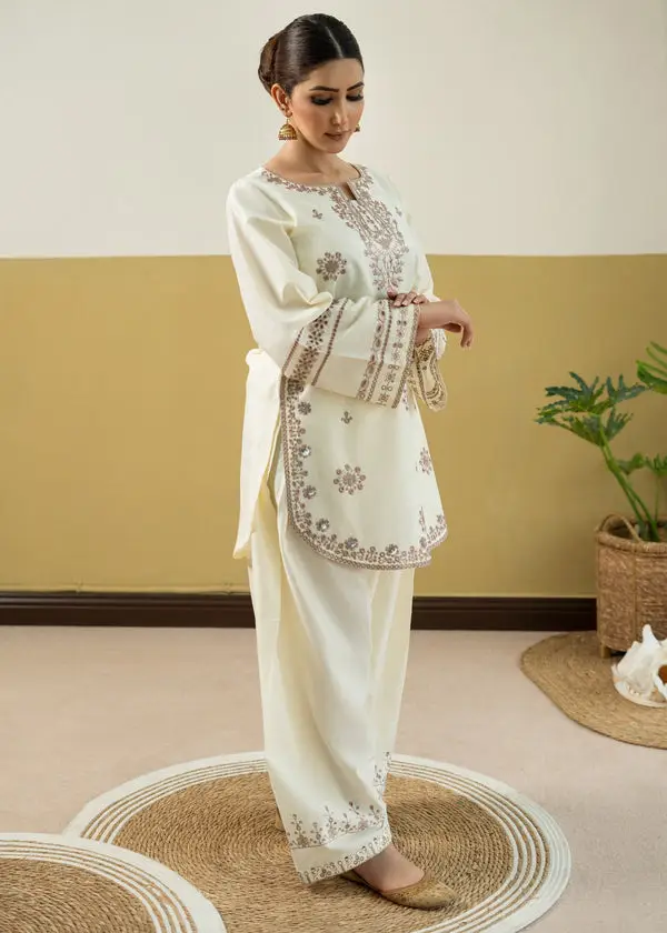 2 Pcs Women's Stitched Linen Embroidered Shirt And Trouser