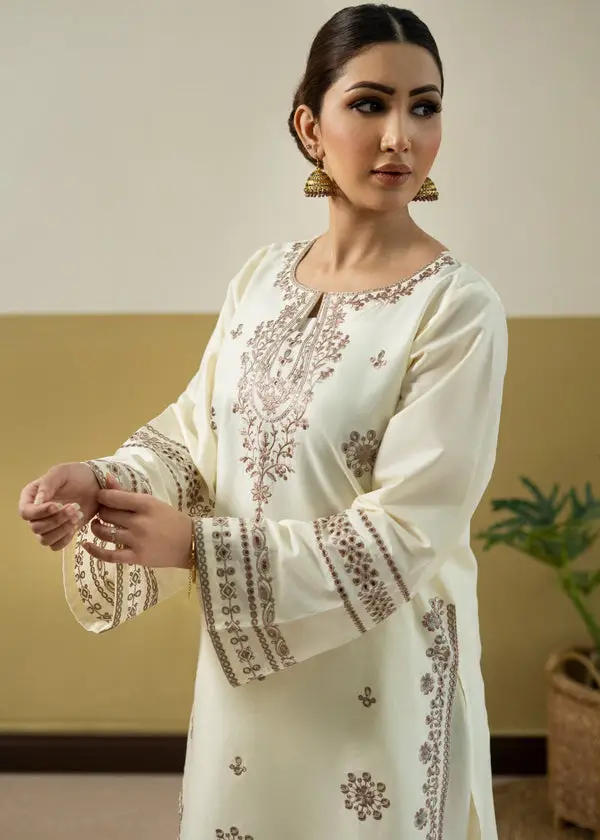 2 Pcs Women's Stitched Linen Embroidered Shirt And Trouser