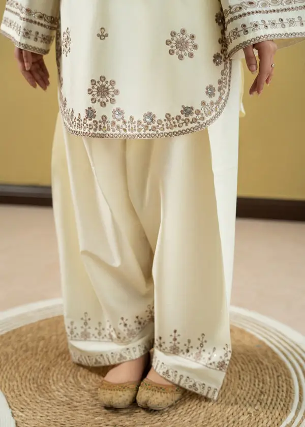 2 Pcs Women's Stitched Linen Embroidered Shirt And Trouser