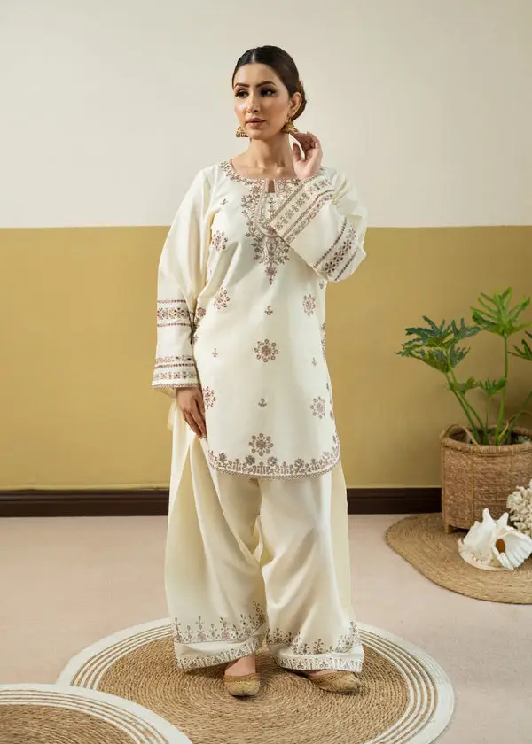 2 Pcs Women's Stitched Linen Embroidered Shirt And Trouser