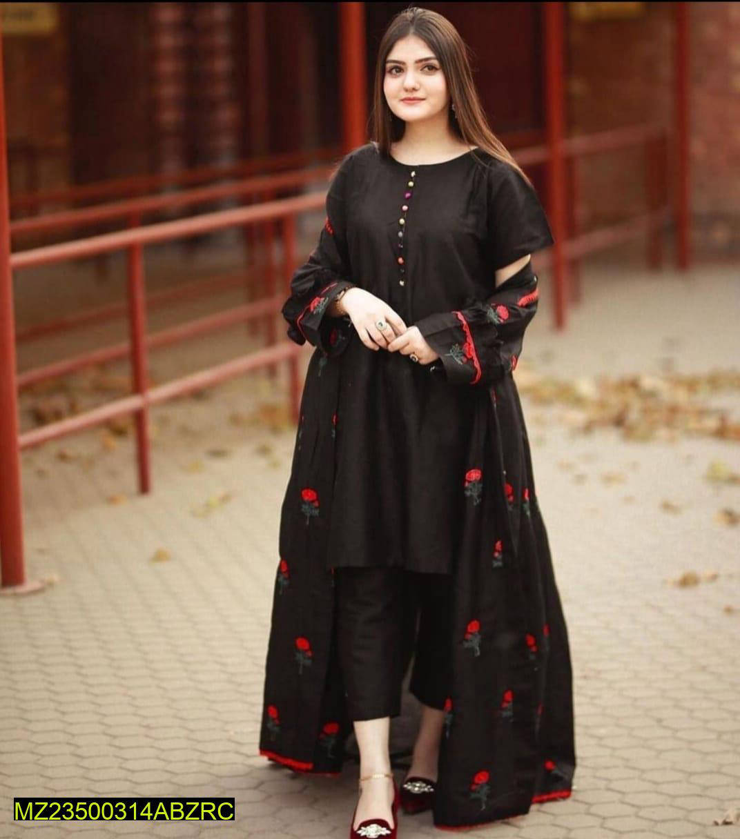 3 Pcs Women's Stitched Katan Silk Multi Embroidered Open Gown – Markaz