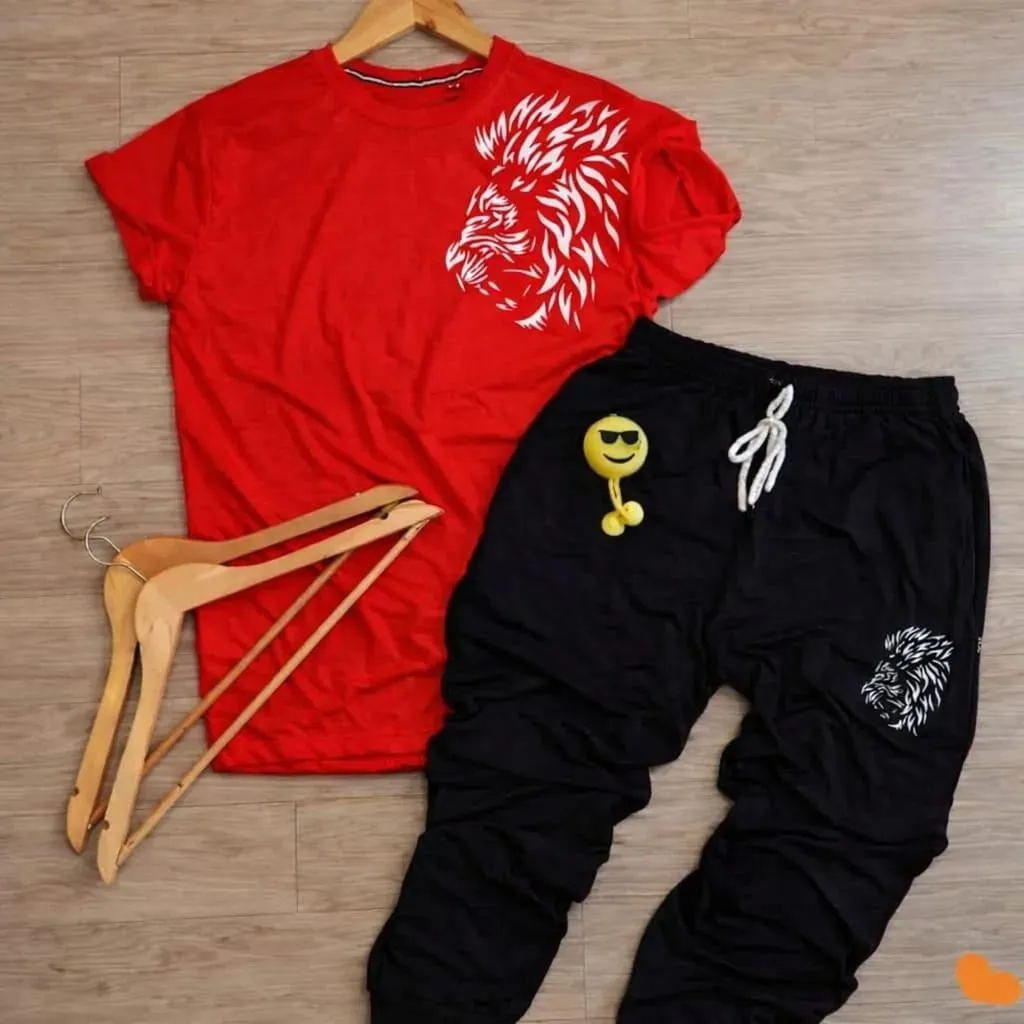 Men Red Lion Print Track Suit 2Pcs Polyester