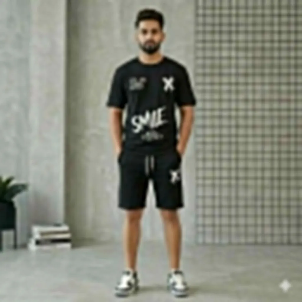 Men Black Printed Track Suit 2Pcs Polyester Summer