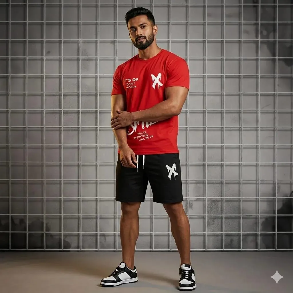 Men Printed Red Track Suit 2Pcs Polyester Summer