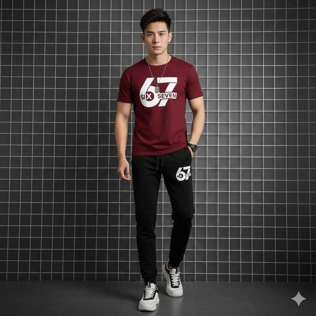 Men Maroon Printed 2Pcs Track Suit Polyester Summer
