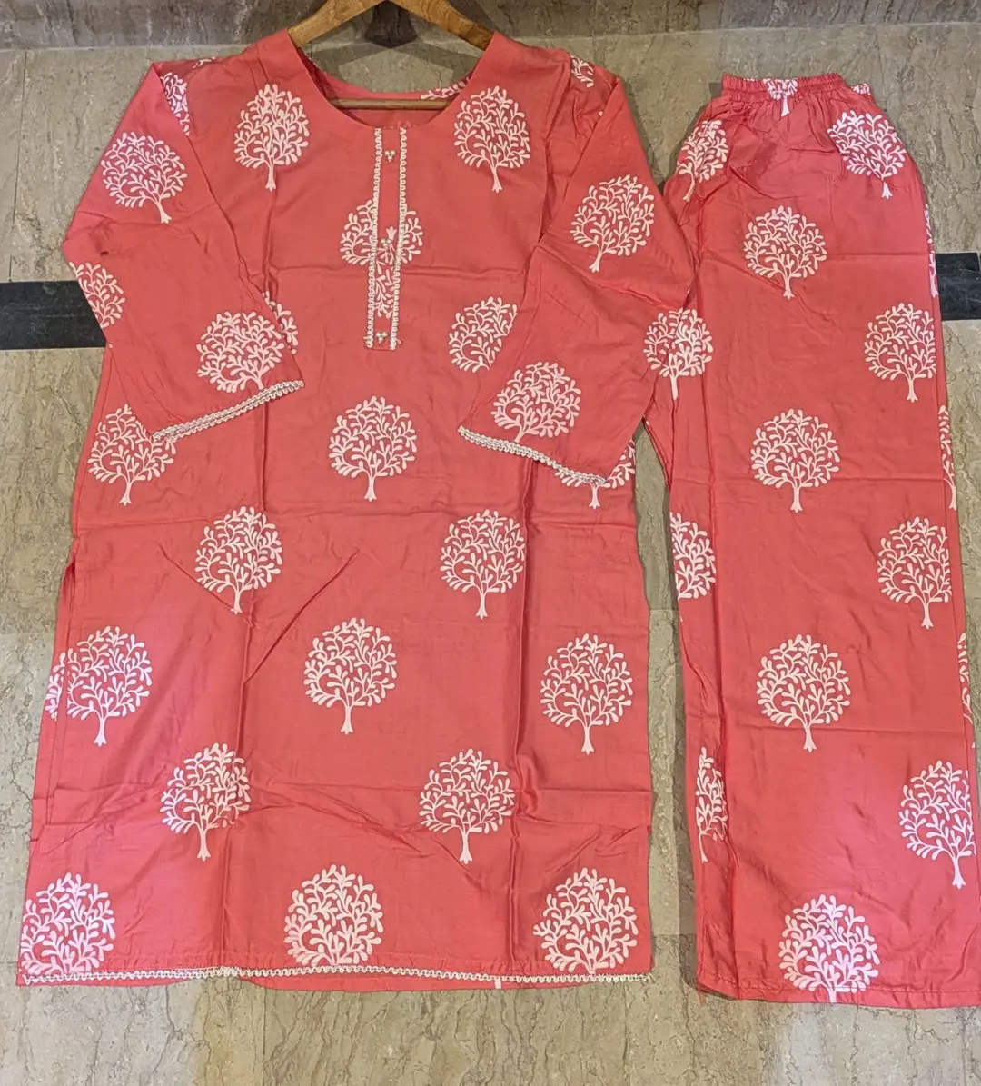 2 Pcs Women's Stitched Linen Block Printed Shirt And Trouser