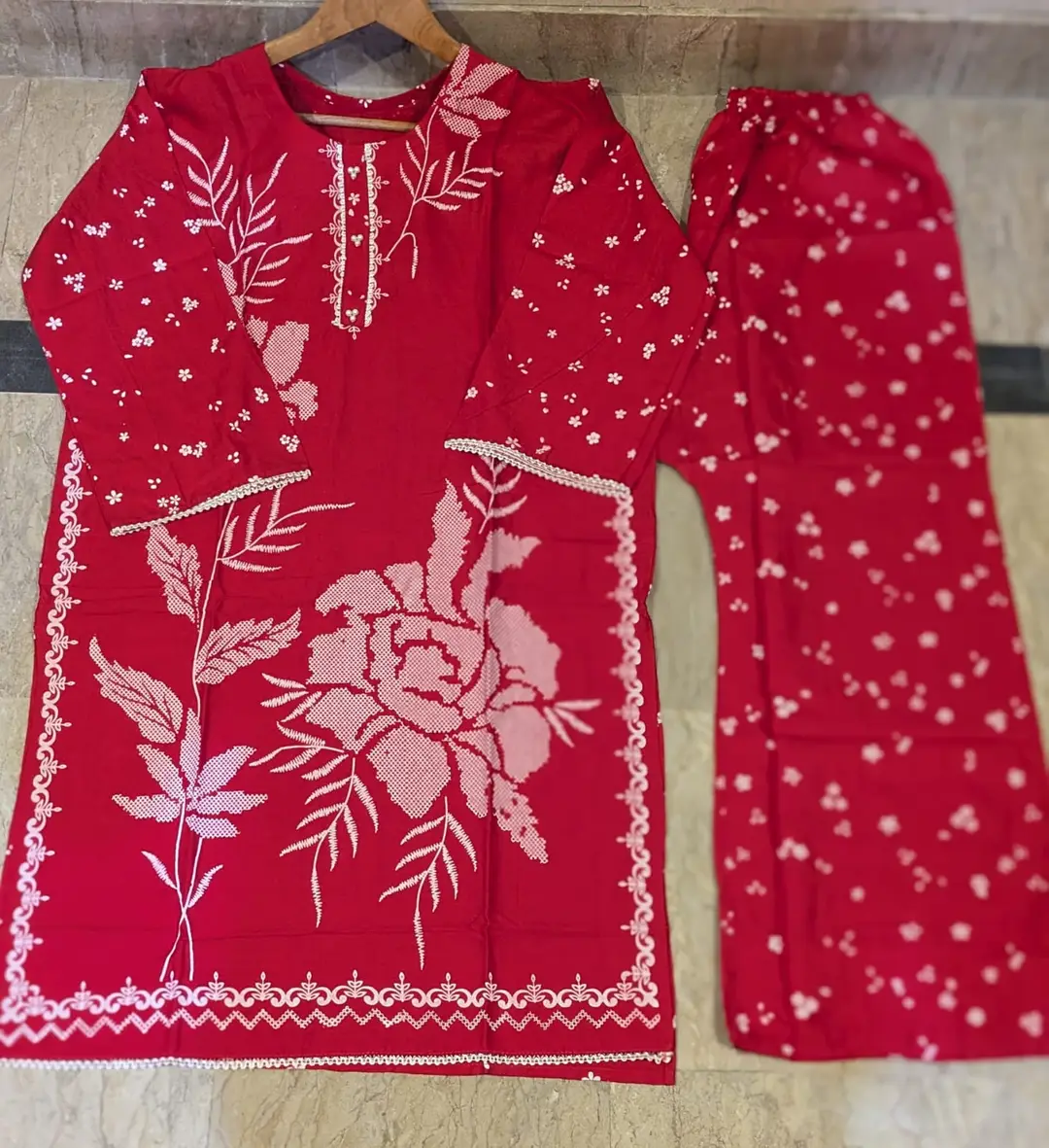 2 Pcs Women's Stitched Linen Block Printed Shirt And Trouser