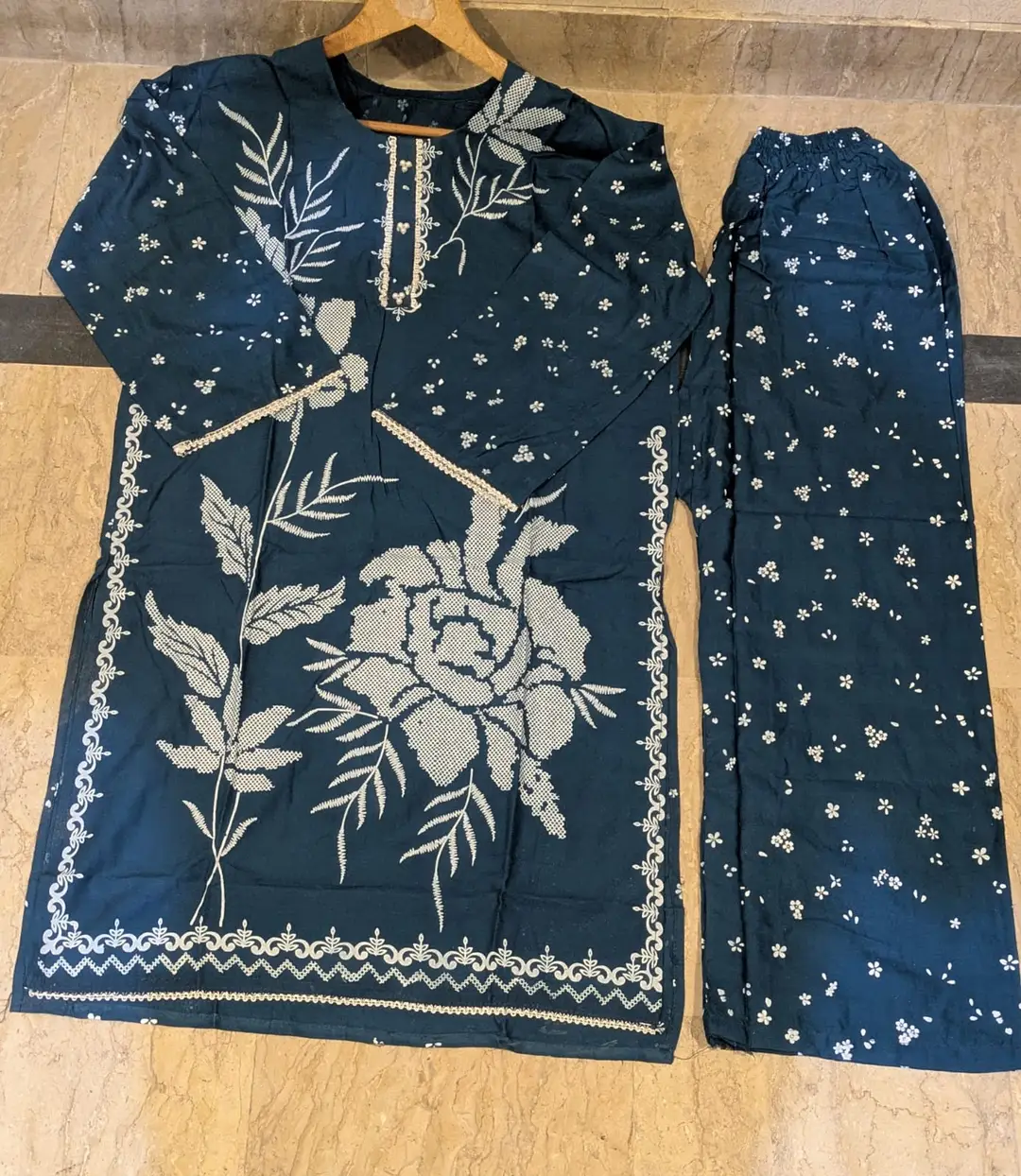 2 Pcs Women's Stitched Linen Block Printed Shirt And Trouser