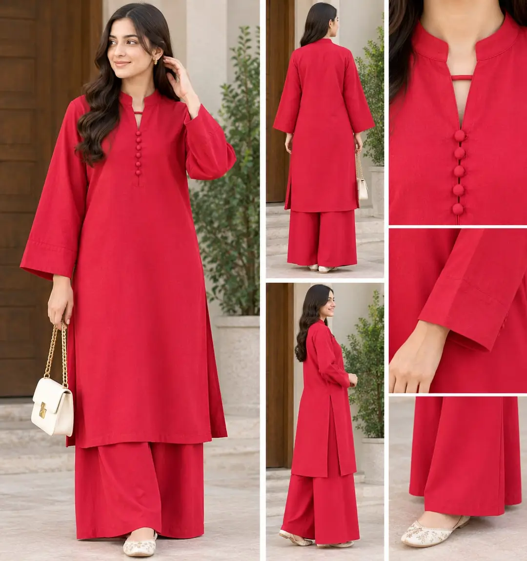 2 Pcs Women's Stitched Linen Plain Shirt And Trouser