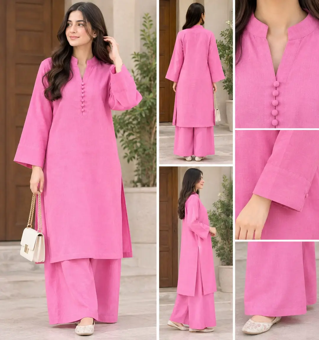 2 Pcs Women's Stitched Linen Plain Shirt And Trouser