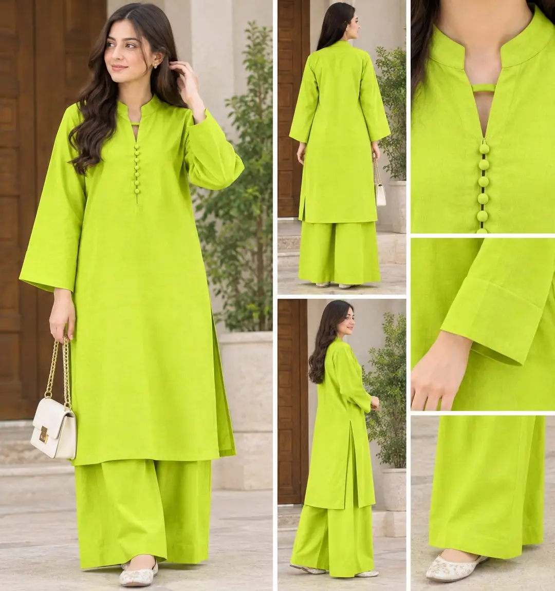 2 Pcs Women's Stitched Linen Plain Shirt And Trouser