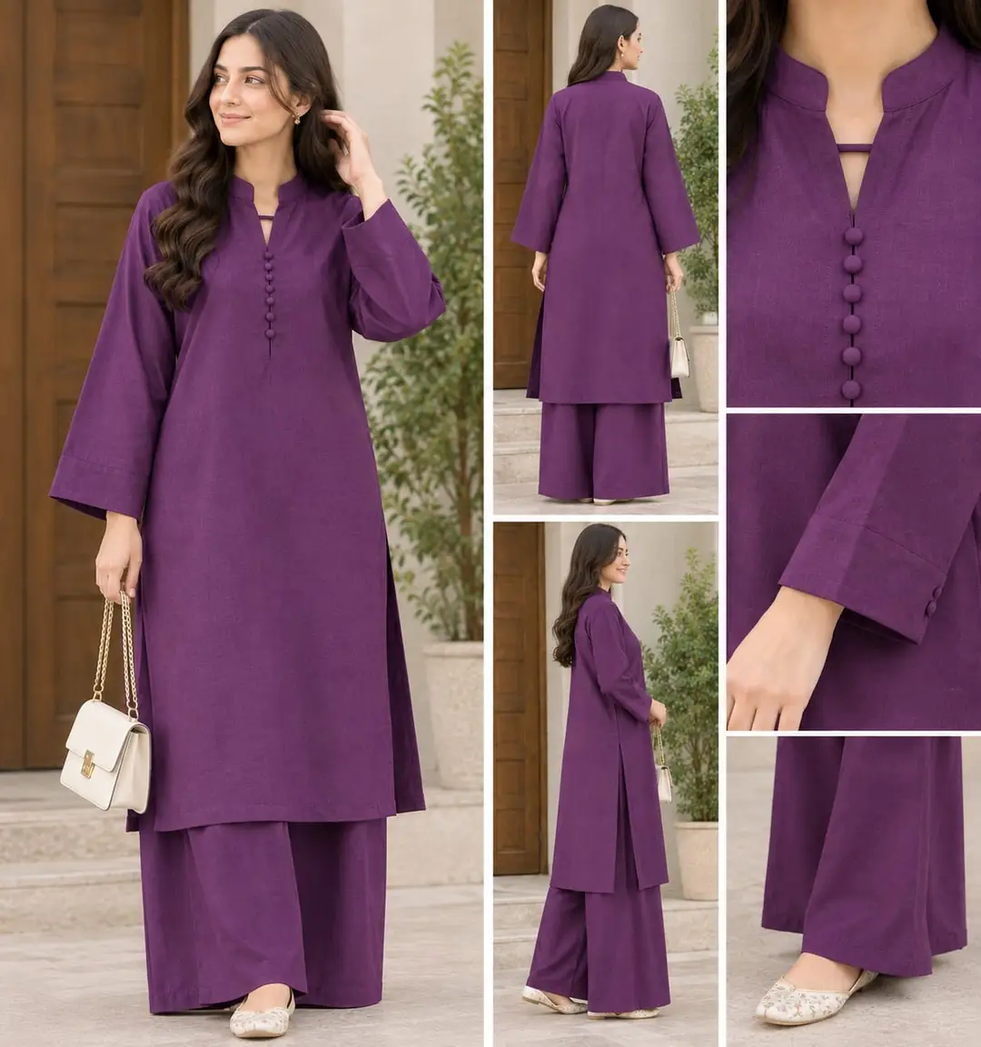 2 Pcs Women's Stitched Linen Plain Shirt And Trouser