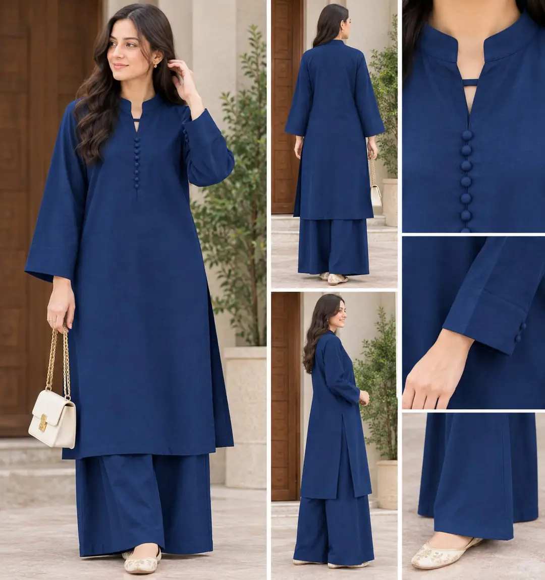 2 Pcs Women's Stitched Linen Plain Shirt And Trouser