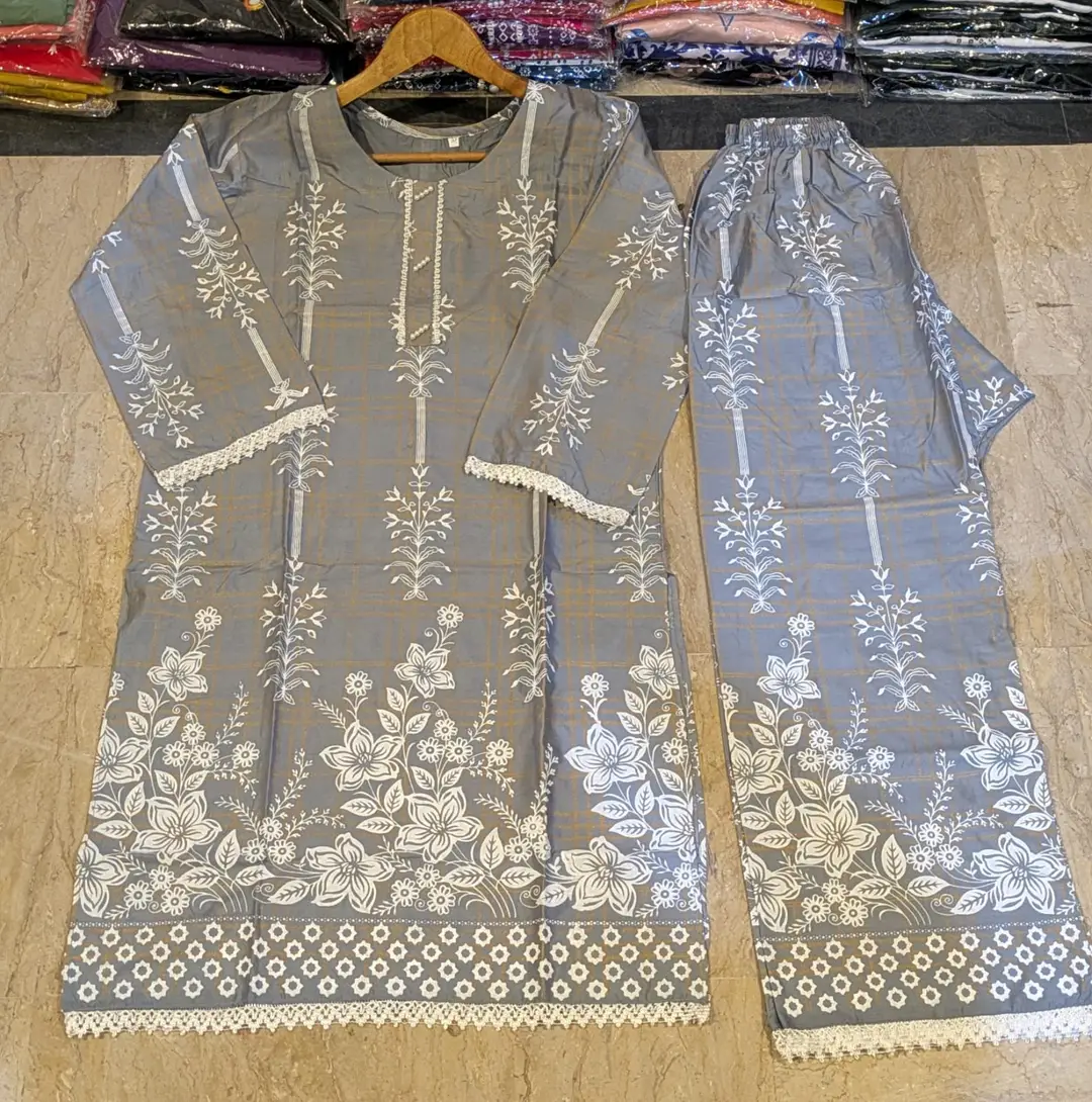 2 Pcs Women's Stitched Linen Block Printed Shirt And Trouser