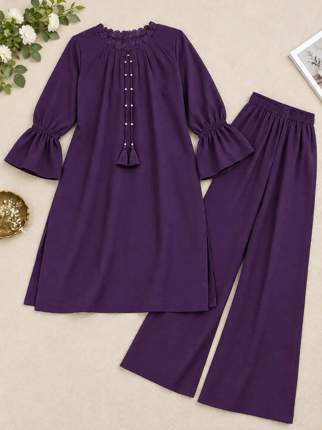 2 Pcs Women's Stitched Grip Plain Co-Ord Set