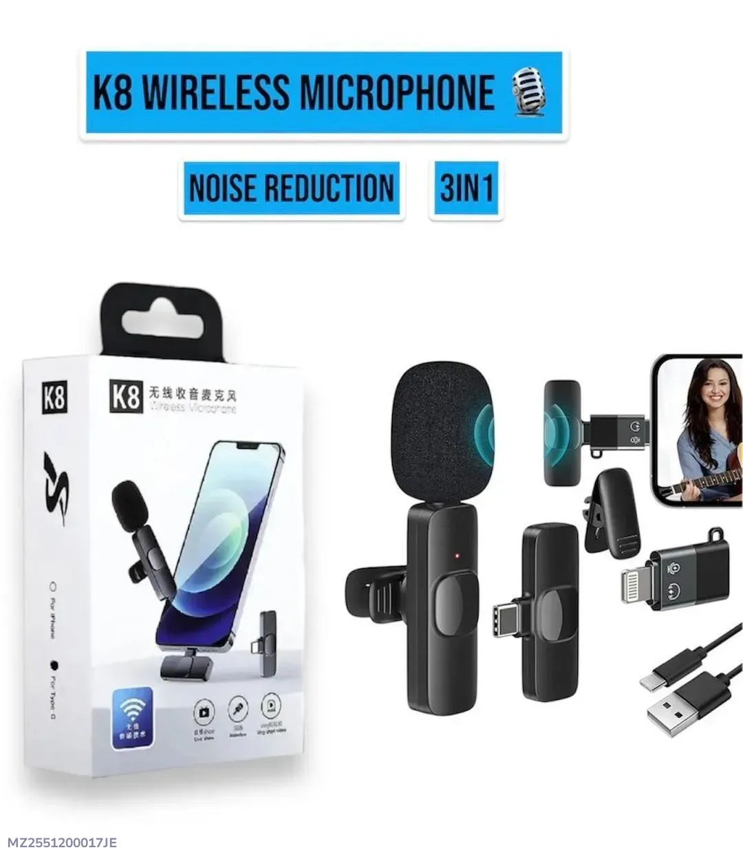 K8 Wireless Microphone 3-in-1 Noise Reduction Black