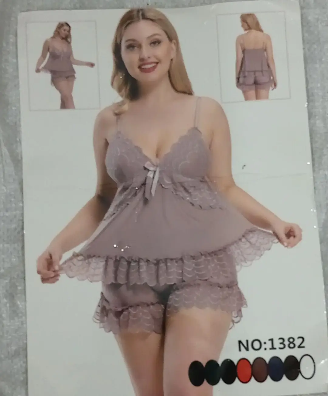 2 Pcs Women's Stitched Silk Lace-Work Night Suit / Imported Short Nighty (Top & Short)