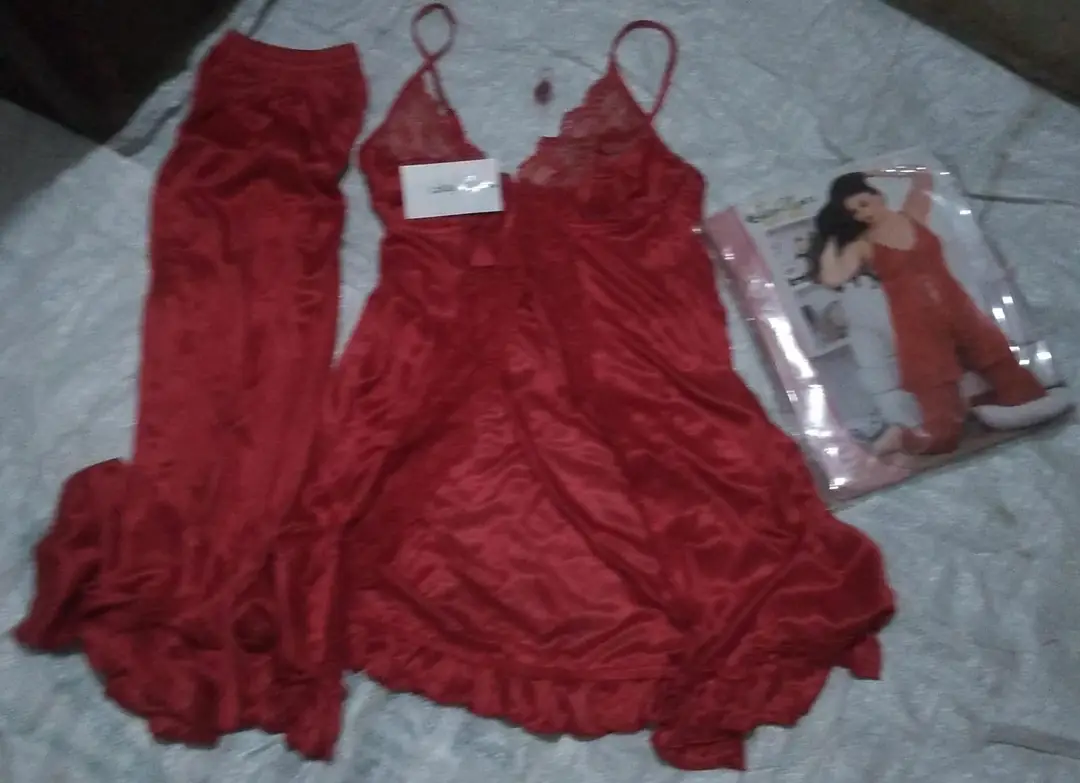 Luxury Imported Nighty / 2 Pcs Women's Stitched Silk Lace-Work Night Suit