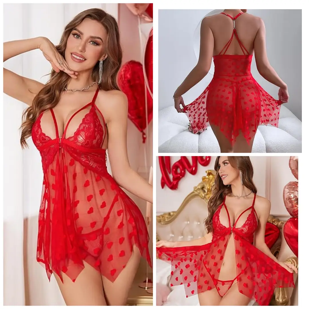Net Lace Comfortable And Lightweight Nightwear Set / Imported Short Nighty With Panty