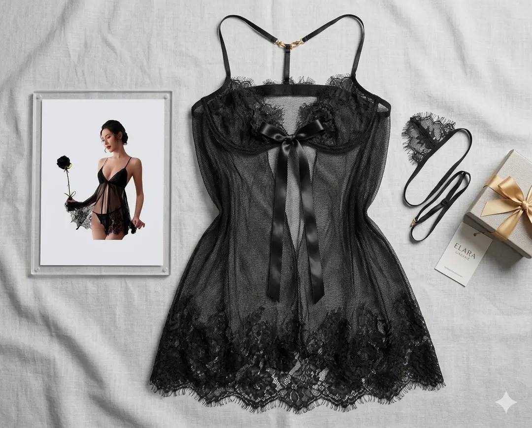 Net Lace Comfortable And Lightweight Nightwear Set / Front Open Short Nighty & Panty
