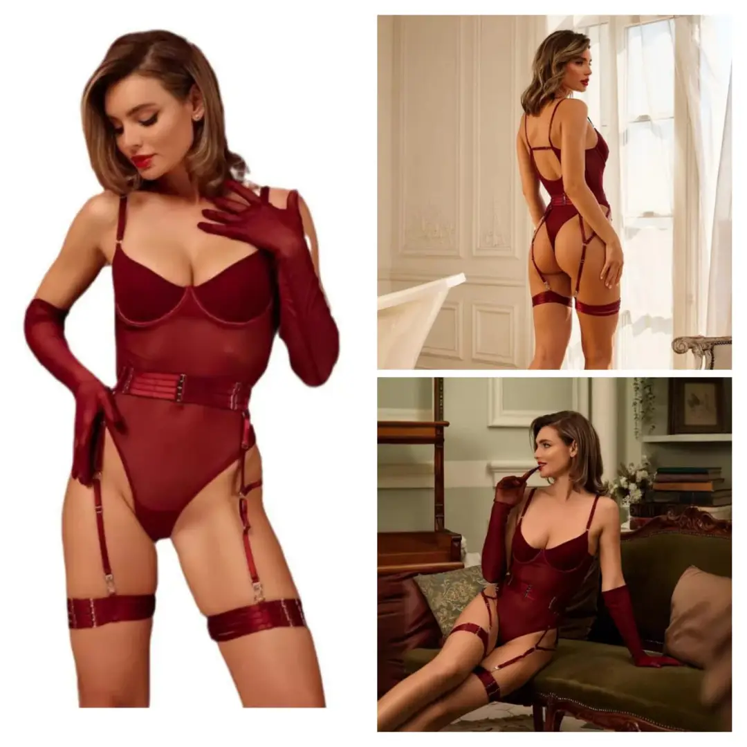 Net Plain Comfortable And Lightweight Lingerie Set with Golves & Garter Belt / BodySuit For Sleepwear