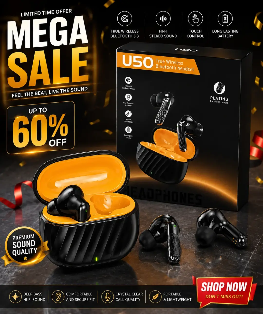 U50 True Wireless Bluetooth Earbuds with Charging Case