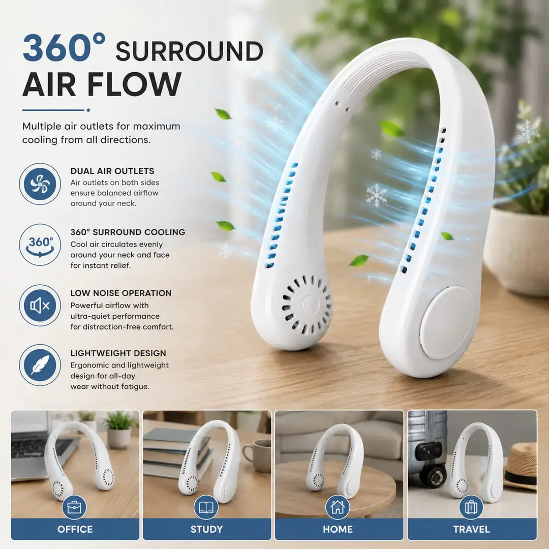 Portable Neck Fan - 1 Pc White Personal Cooling Device