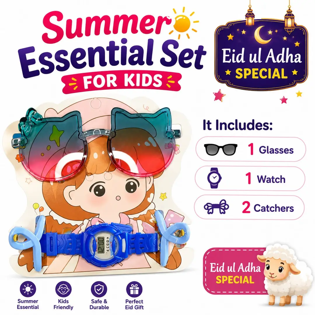 14th August Special Azaadi Bundle Summer Essential Set for Kids | Kids Sunglasses Watch & Hair Catchers Combo | 14th August Special Special Gift Set | Multiple Colours
