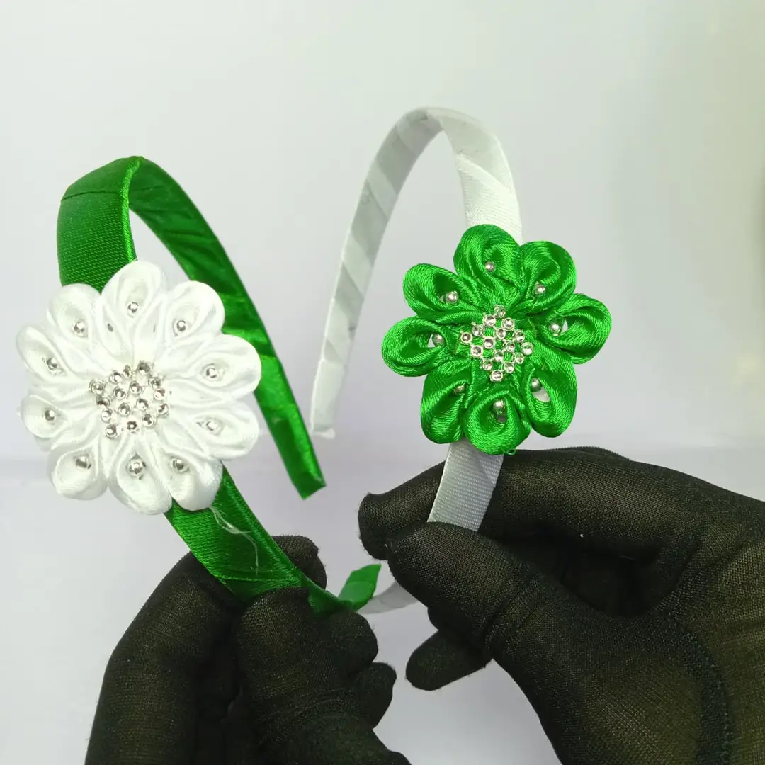 14th August Special Azaadi Bundle 14th August Green & White Satin Flower Hair Band for Girls | Pakistan Independence Day Hair Accessory | Kids Floral Headband