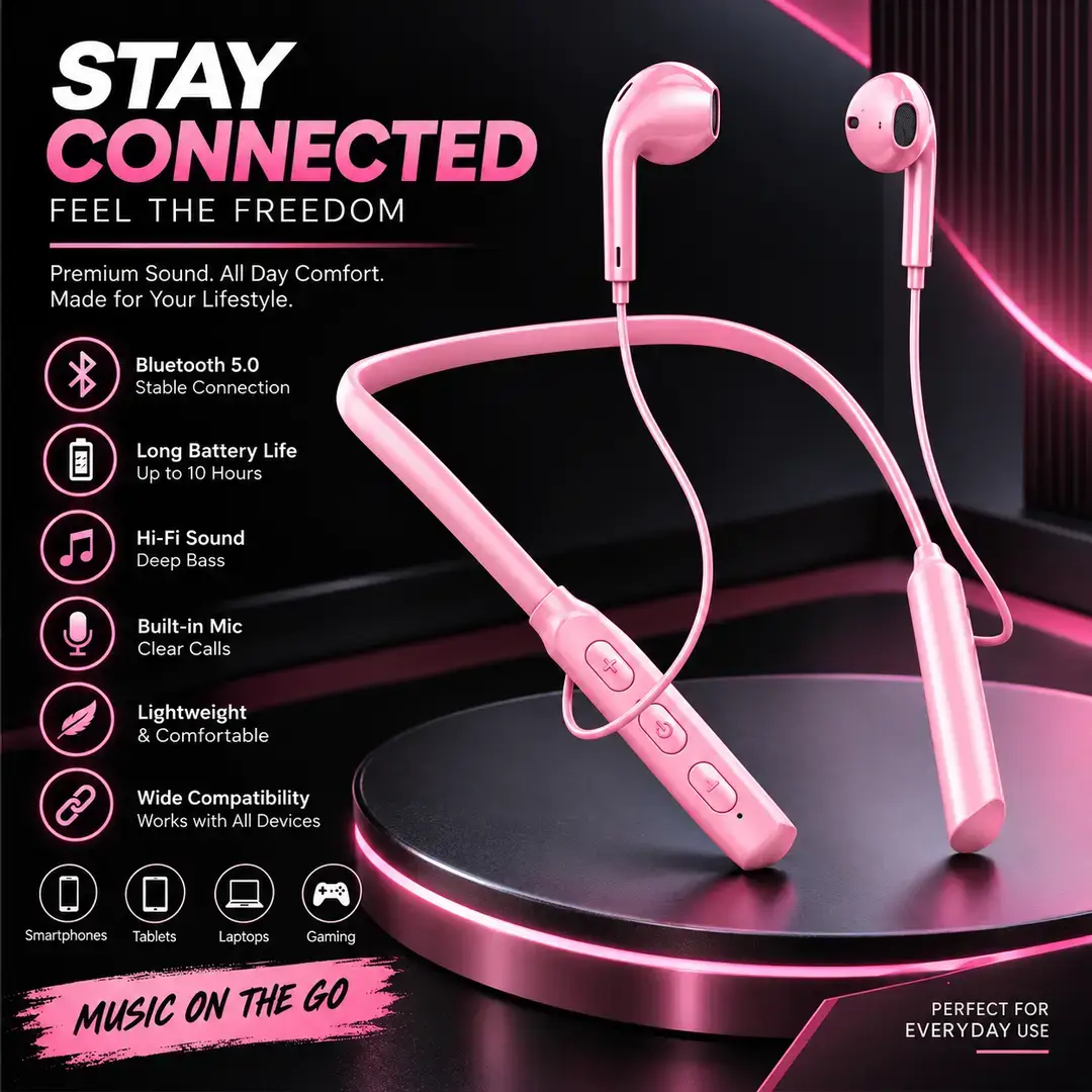 Neckband Bluetooth Wireless Earphones – Stereo Sound
