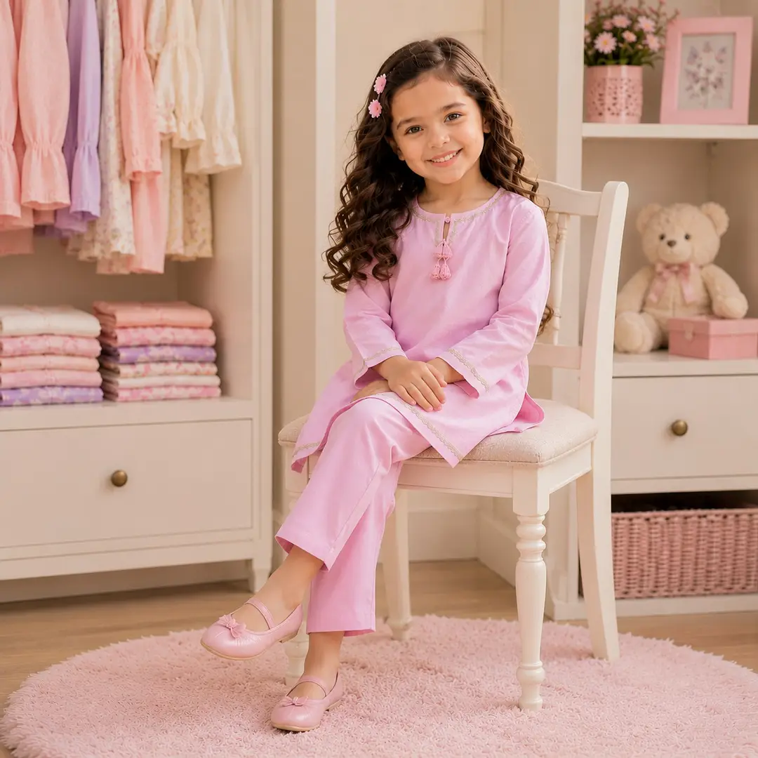 Charming Cotton Kurta and Trouser Set for Girls - 2 Pcs