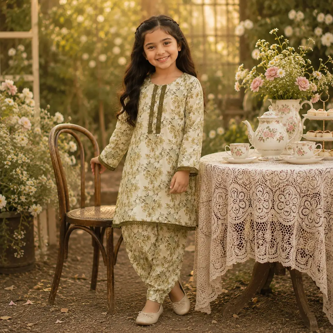 Girls' Printed Cotton Kurta and Trouser Set - 2 Pcs
