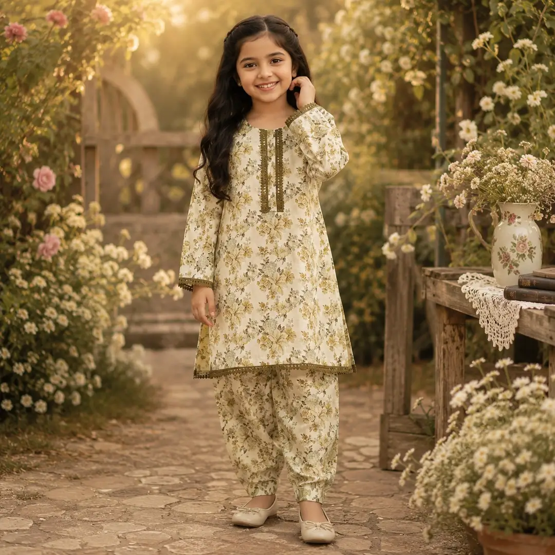Girls' Printed Cotton Kurta and Trouser Set - 2 Pcs