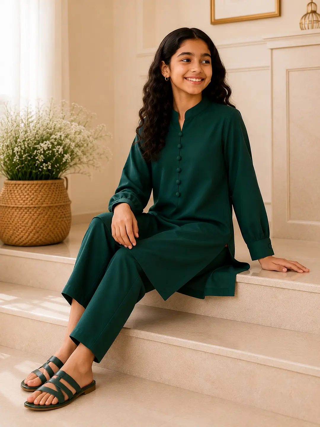Chic Green Georgette Kurta And Trouser Set for Girls - 2 Pcs