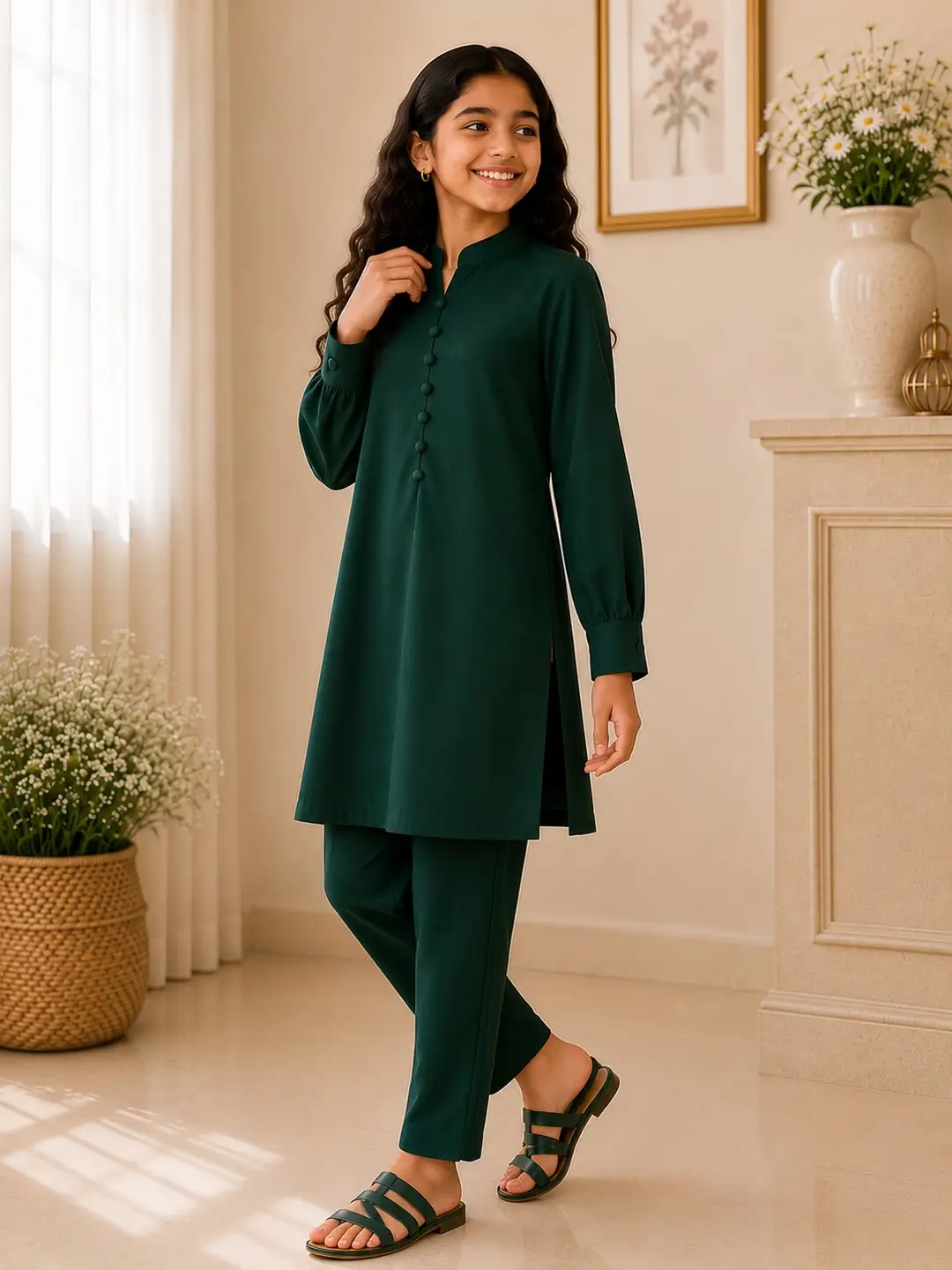 Chic Green Georgette Kurta And Trouser Set for Girls - 2 Pcs