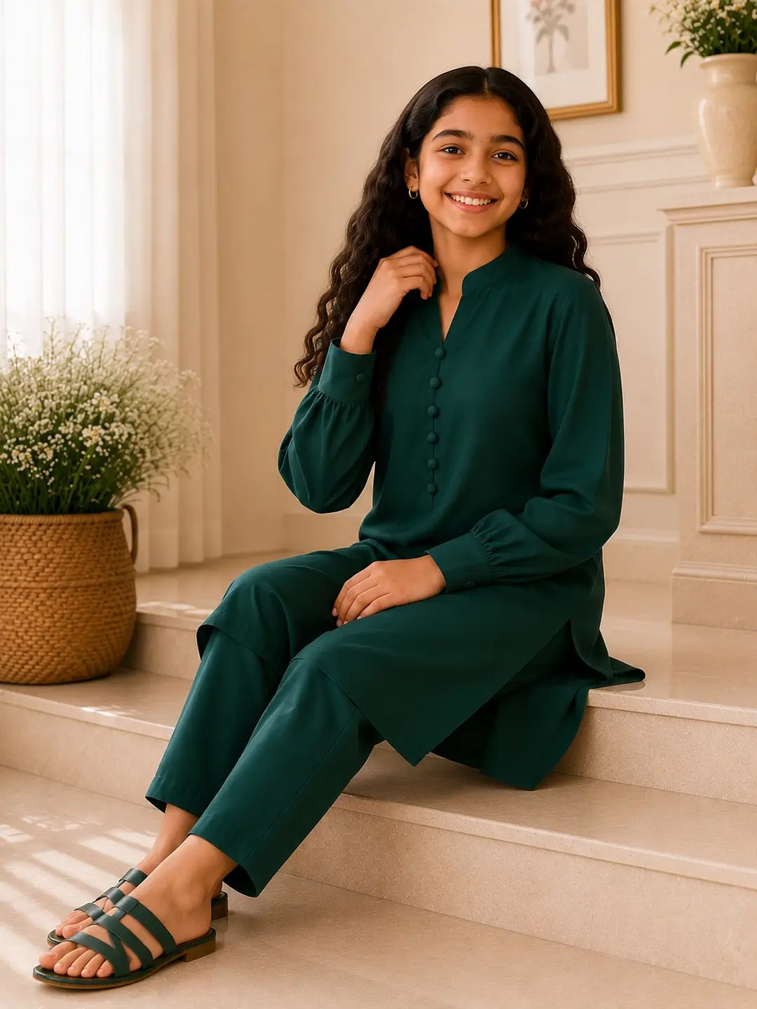 Chic Green Georgette Kurta And Trouser Set for Girls - 2 Pcs
