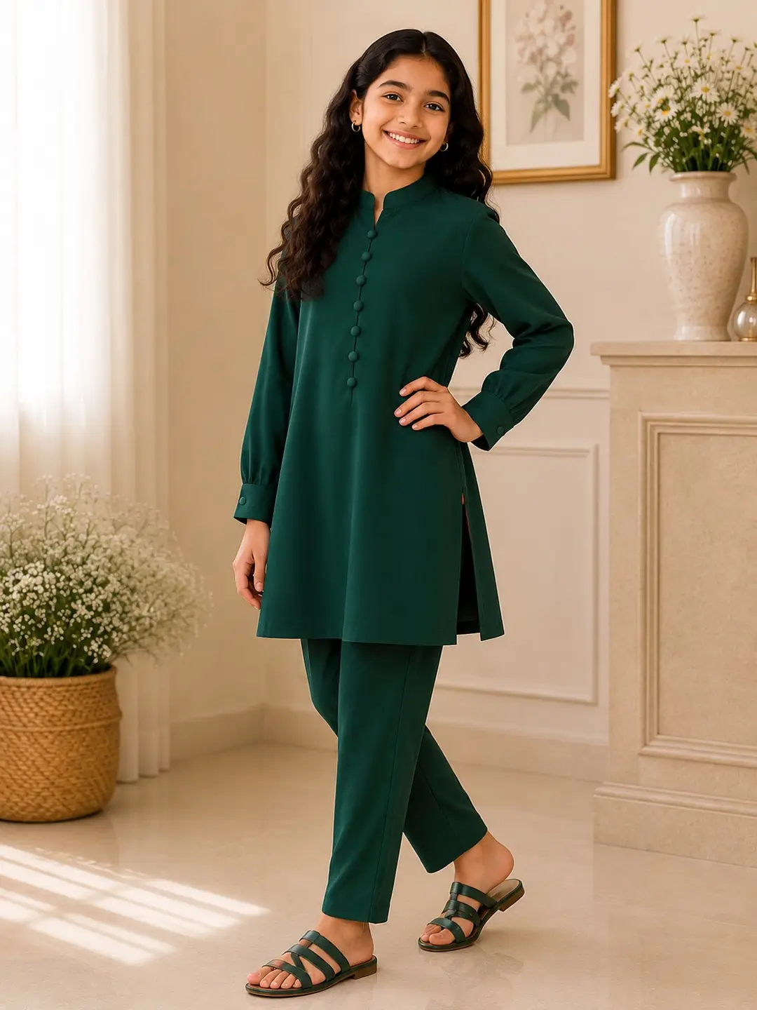 Chic Green Georgette Kurta And Trouser Set for Girls - 2 Pcs