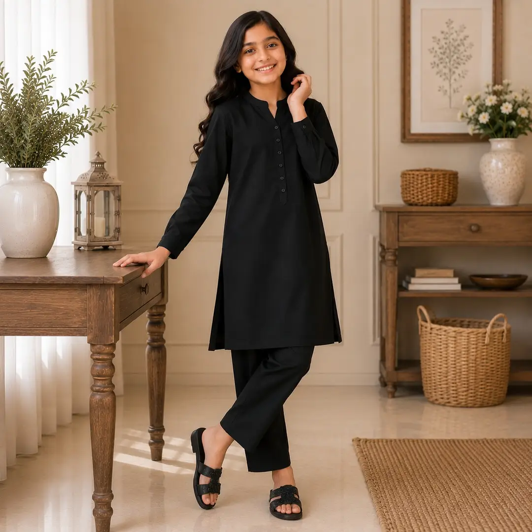 Stylish Black Georgette Kurta and Trouser Set for Girls - 2 Pcs