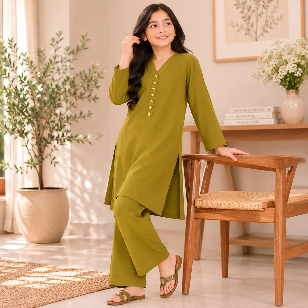 Stylish Girl's Kurta and Trouser Set - 2 Pcs in Green Georgette
