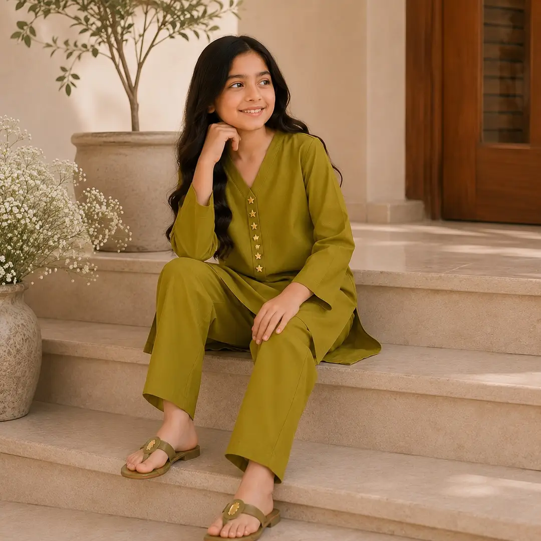 Stylish Girl's Kurta and Trouser Set - 2 Pcs in Green Georgette