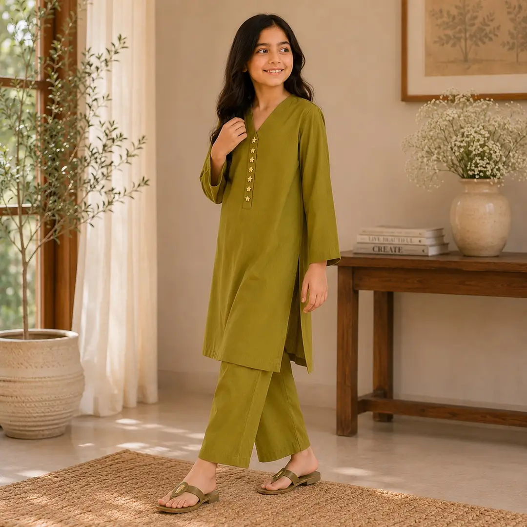 Stylish Girl's Kurta and Trouser Set - 2 Pcs in Green Georgette