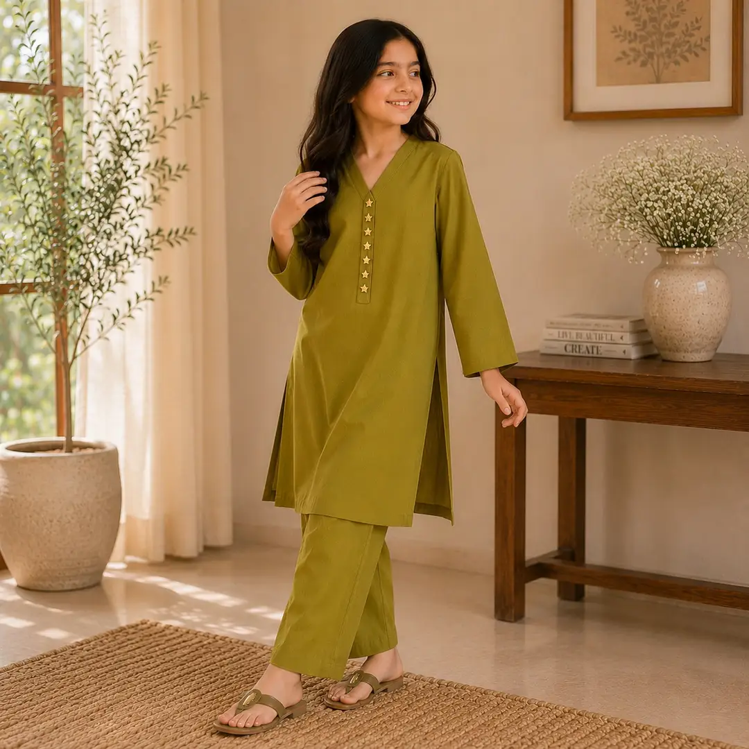 Stylish Girl's Kurta and Trouser Set - 2 Pcs in Green Georgette