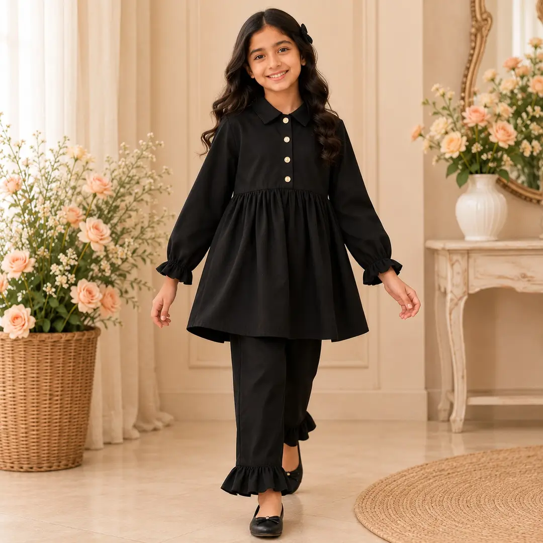 Stylish Girl's Kurta And Trouser Set - 2 Pcs Georgette Ensemble in Black
