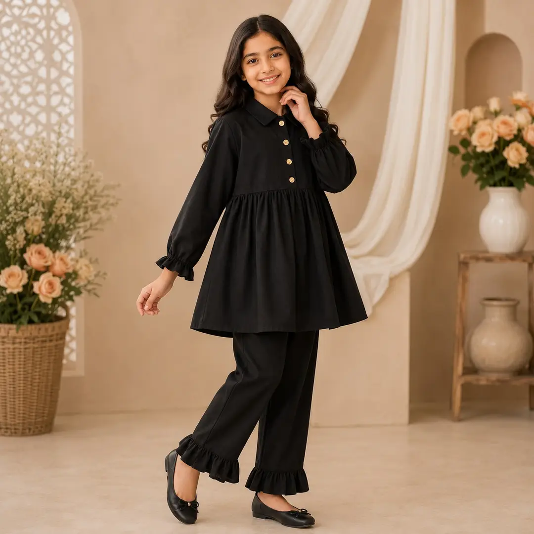 Stylish Girl's Kurta And Trouser Set - 2 Pcs Georgette Ensemble in Black