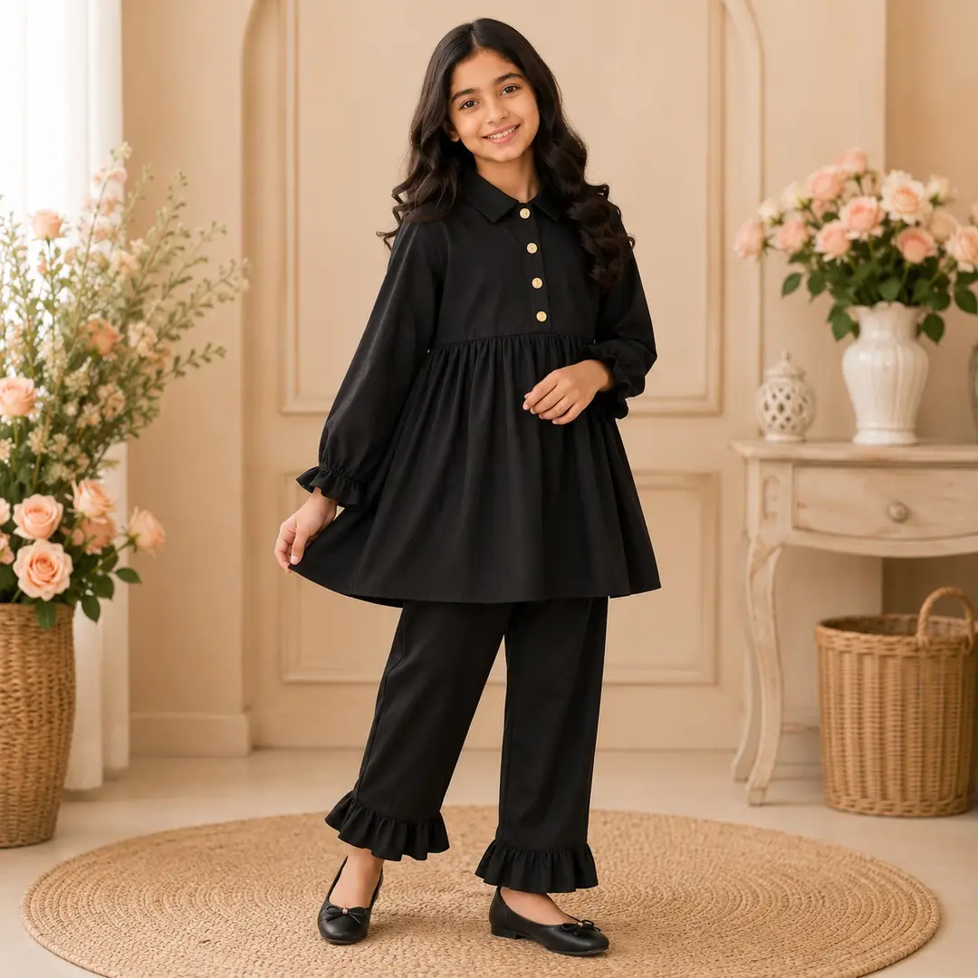 Stylish Girl's Kurta And Trouser Set - 2 Pcs Georgette Ensemble in Black