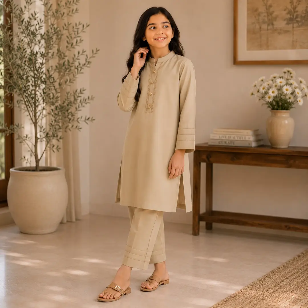 Stylish Beige Georgette Kurta And Trouser Set for Girls - 2 Pcs