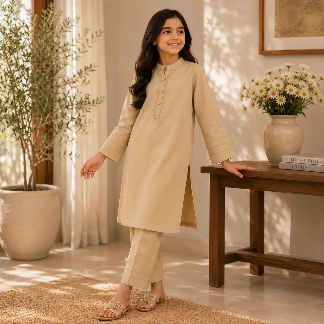 Stylish Beige Georgette Kurta And Trouser Set for Girls - 2 Pcs