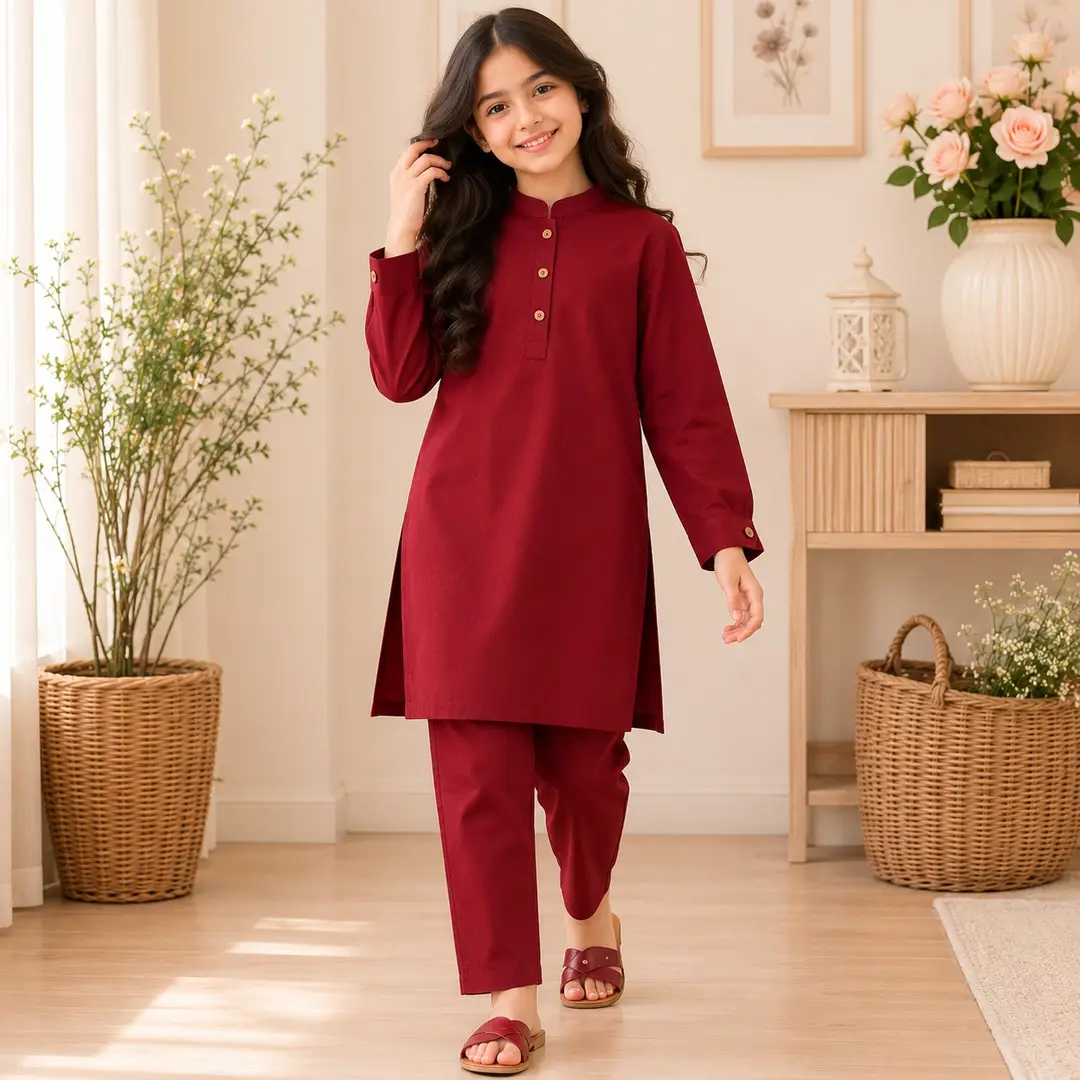 Stylish Maroon Georgette Kurta And Trouser Set for Girls - 2 Pcs